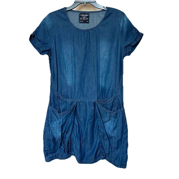 Allsaints Warrior Outfitters Mini Denim Dress Lg Short Sleeve Pullover Pockets - Picture 1 of 7